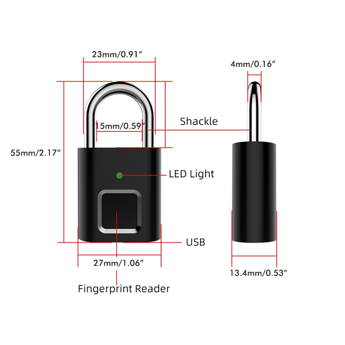 Schwarzes Fingerabdruck-Vorhängeschloss mit Abmessungen. Merkmale umfassen einen USB-Anschluss und LED-Licht.