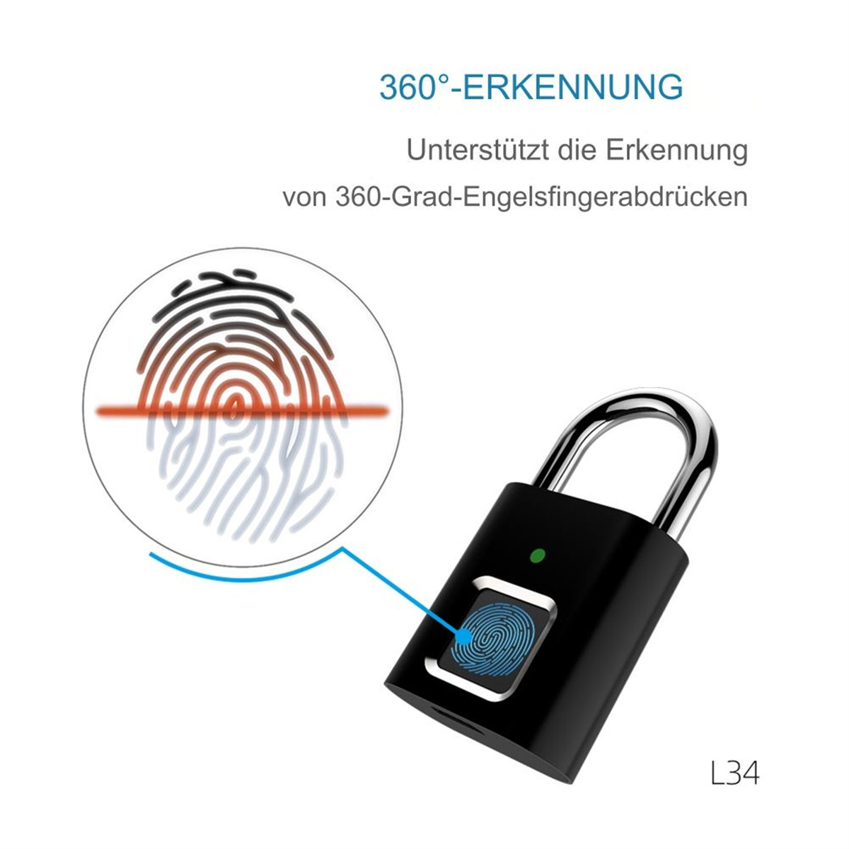 Schwarzes Fingerabdruckschloss mit Fingerabdruckdiagramm und roter Linie.