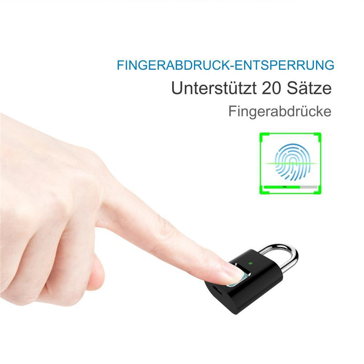 Ein Finger entsperrt ein schwarzes Vorhängeschloss. Grünes Licht leuchtet. Fingerabdruck.