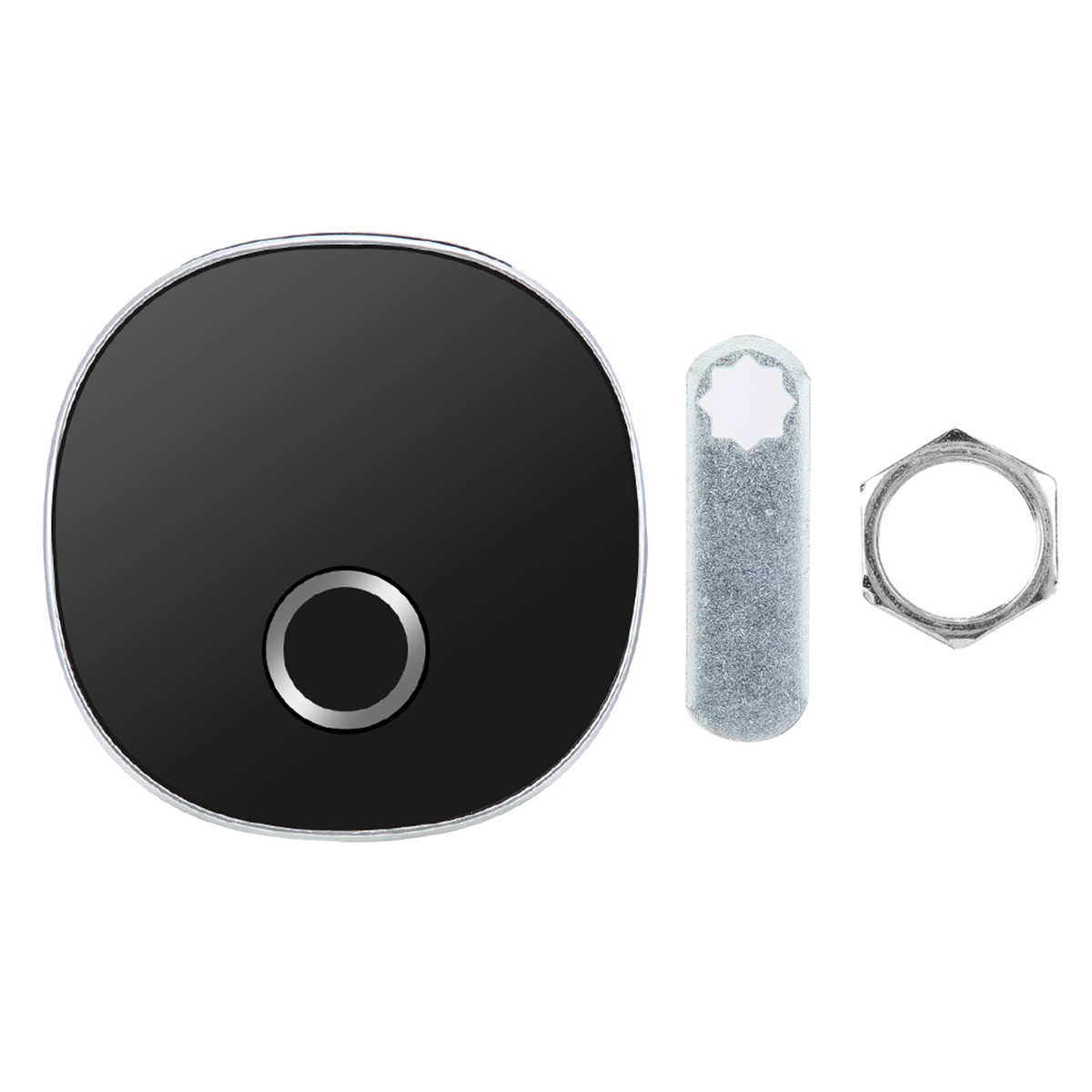 Schwarze Smart-Lock-Komponenten. Rundes Schloss, langer Schlüssel und Mutter.