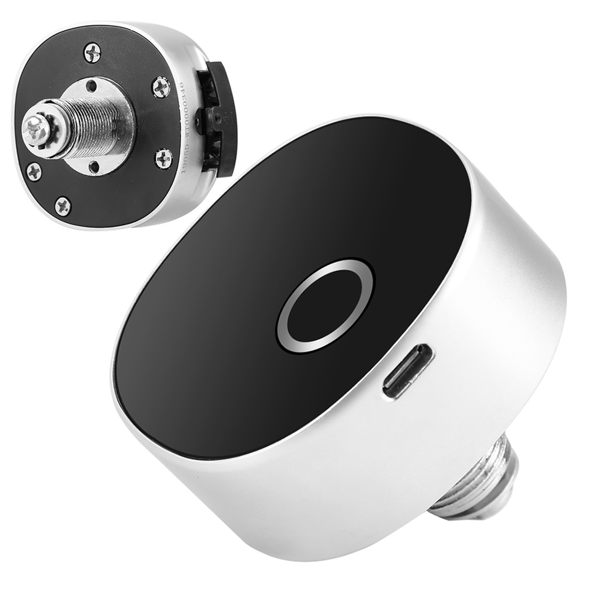 Ein silbernes, kreisförmiges Gerät mit schwarzem Zentrum. Eine kleinere Version ist oben gezeigt. Es hat einen USB-Anschluss.