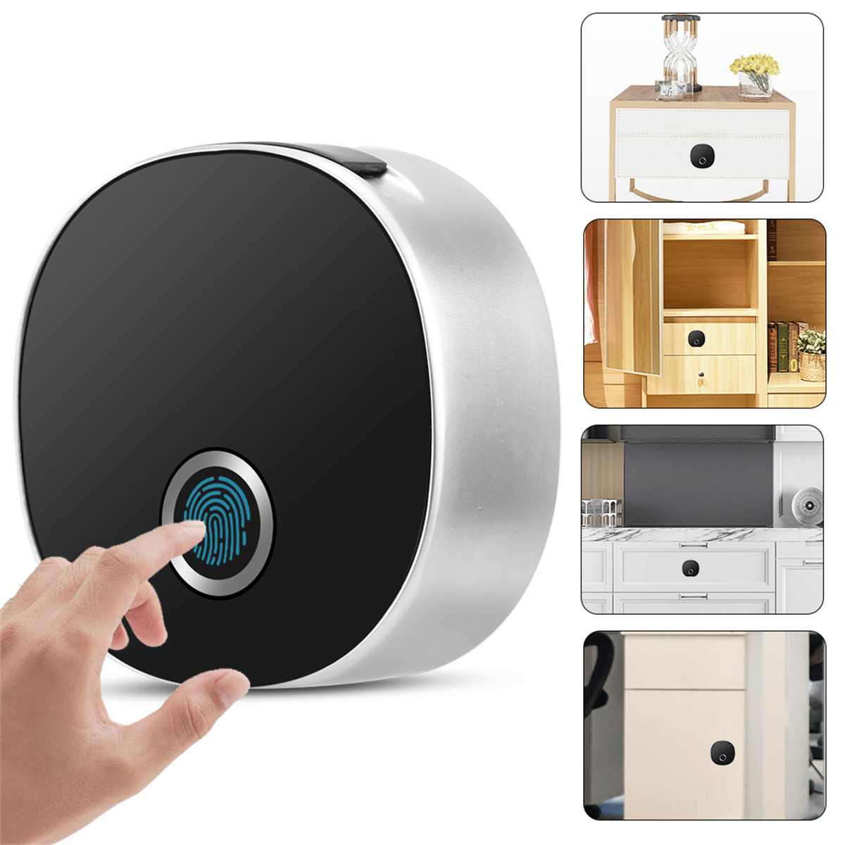 Fingerabdruckschloss, Finger berührt den Sensor, verschiedene Anwendungsbeispiele.