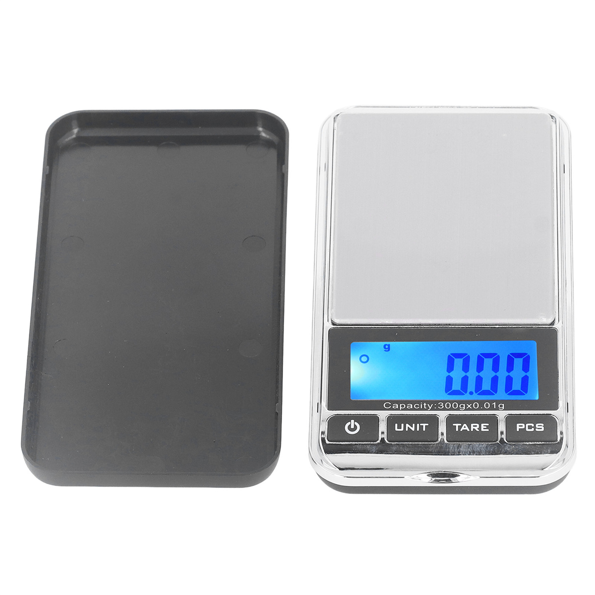 Eine kleine Digitalwaage mit schwarzem Deckel daneben, Anzeige zeigt 0,00 g.