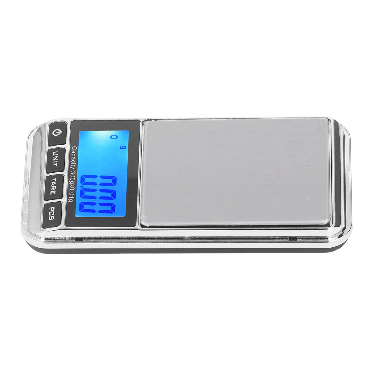 Digitale Taschenwaage mit blauem Display, das Zahlen und Tasten anzeigt.
