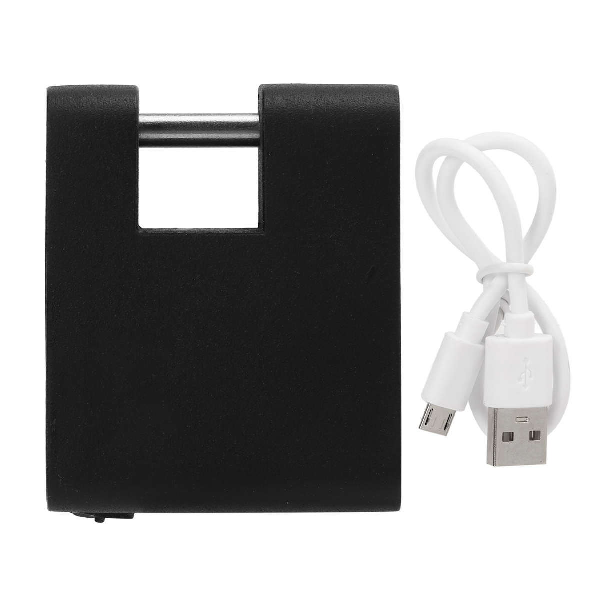 Schwarzes Vorhängeschloss mit USB-Kabel. Weißer Hintergrund.