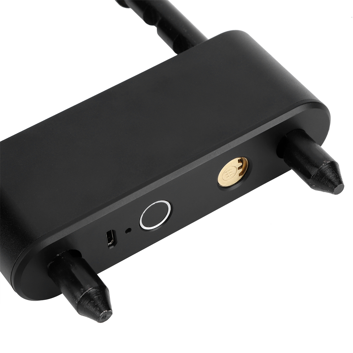 Nahaufnahme eines schwarzen U-förmigen Fahrradschlosses mit Fingerabdrucksensor.