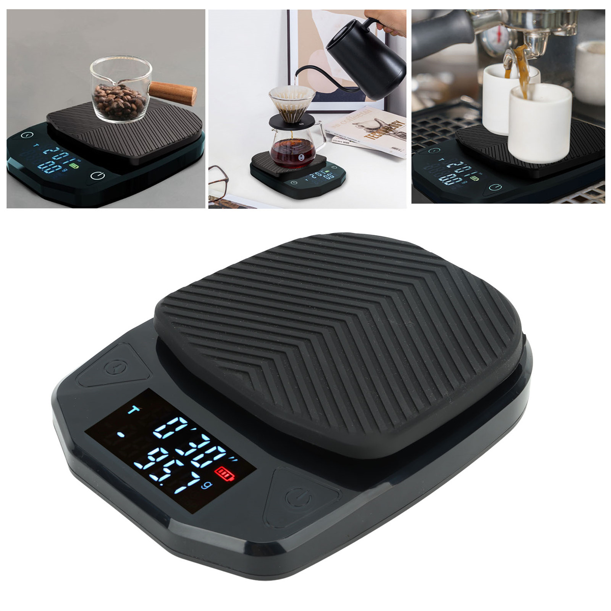 Schwarze Waage mit Display und Kaffeezubereitung im Hintergrund.