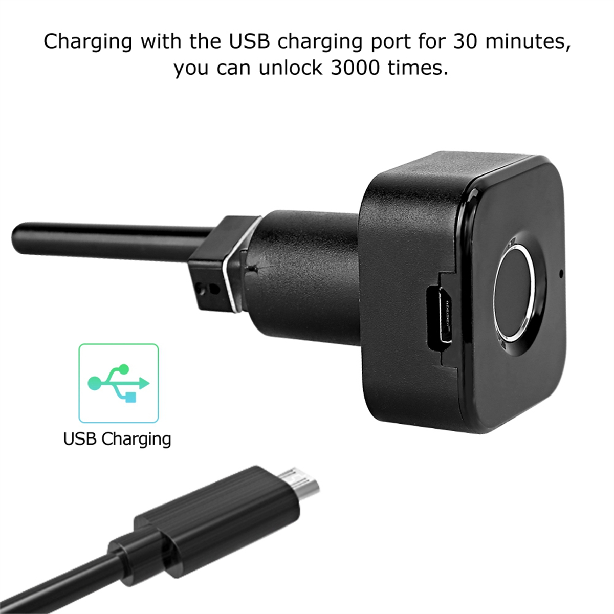 Schwarzes Gerät mit Fingerabdrucksensor, USB-Anschluss und angeschlossenem Ladekabel.