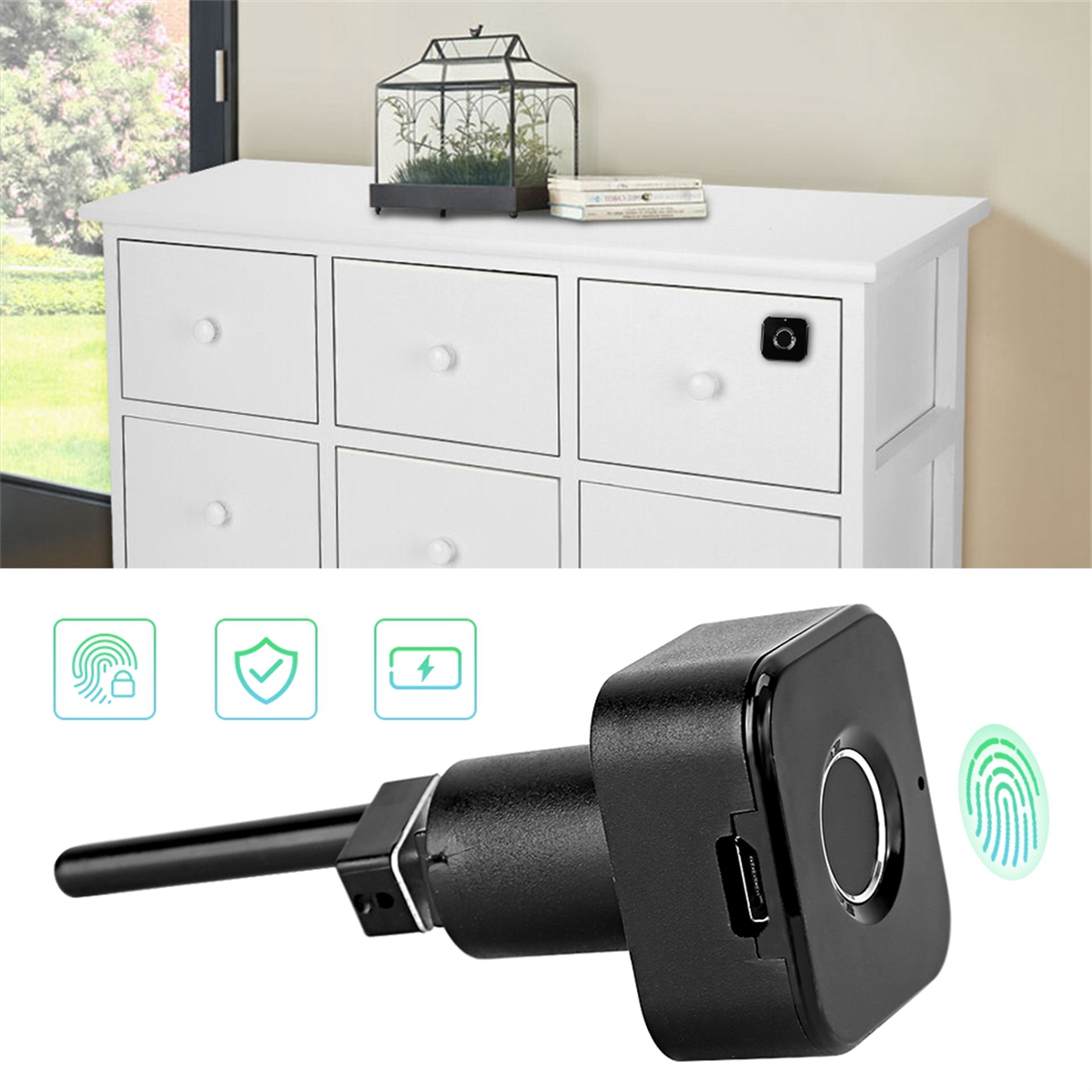 Weiße Kommode mit schwarzem Schloss auf der Schublade. Fingerabdruckscanner mit Symbolen.