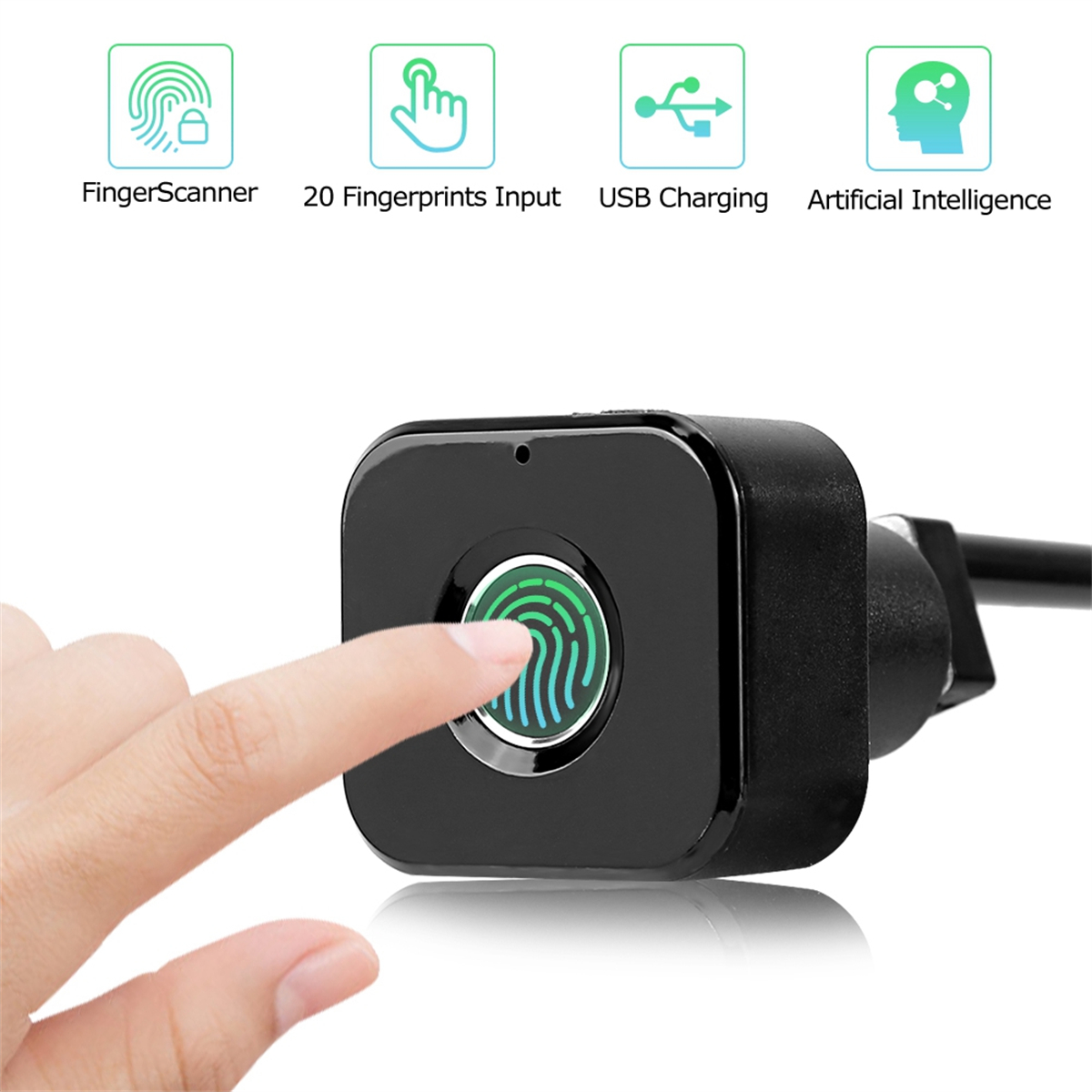 Ein Finger berührt einen schwarzen quadratischen Fingerabdruckscanner mit grün beleuchtetem Zentrum.