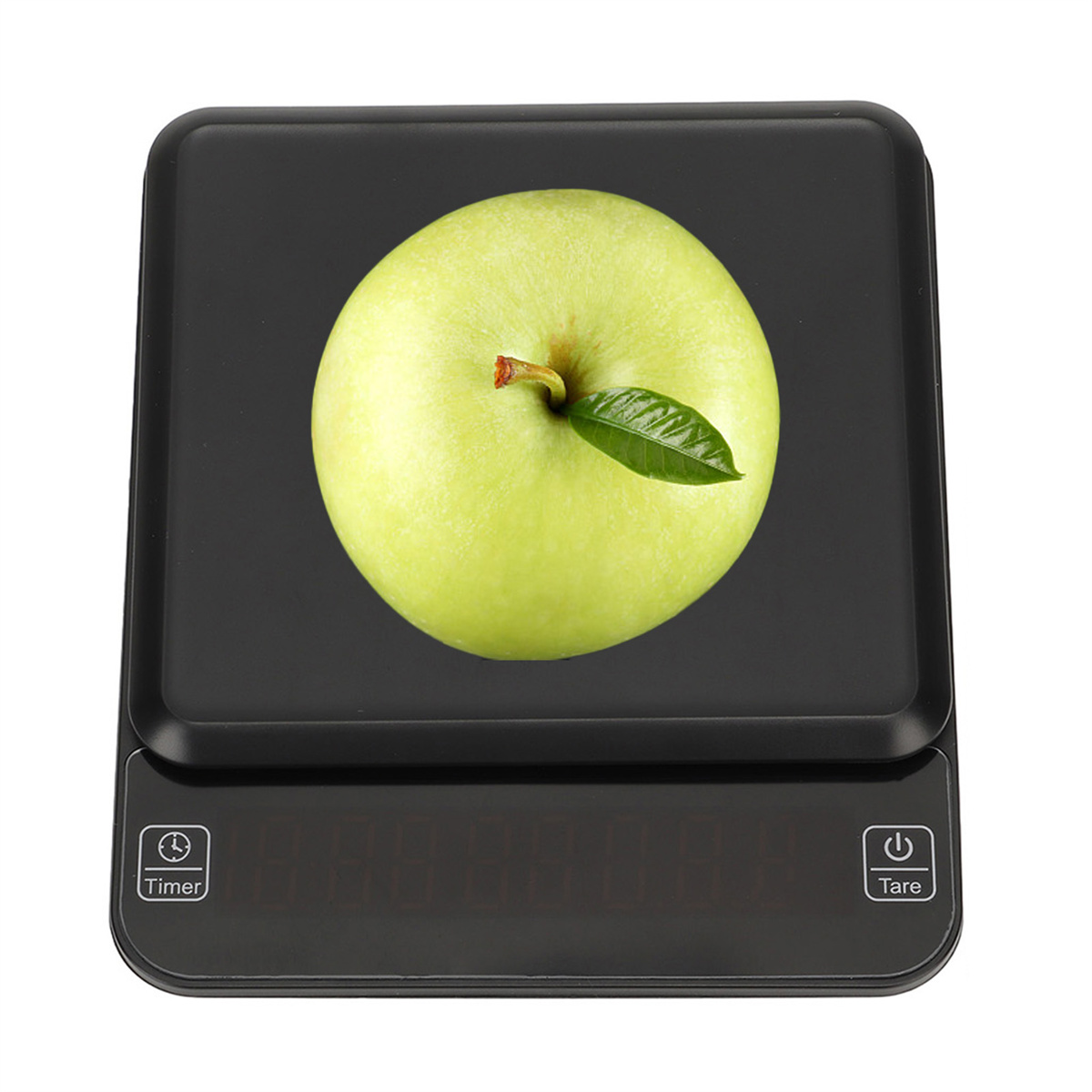 Ein grüner Apfel liegt auf einer schwarzen Digitalwaage mit digitaler Gewichtsanzeige.