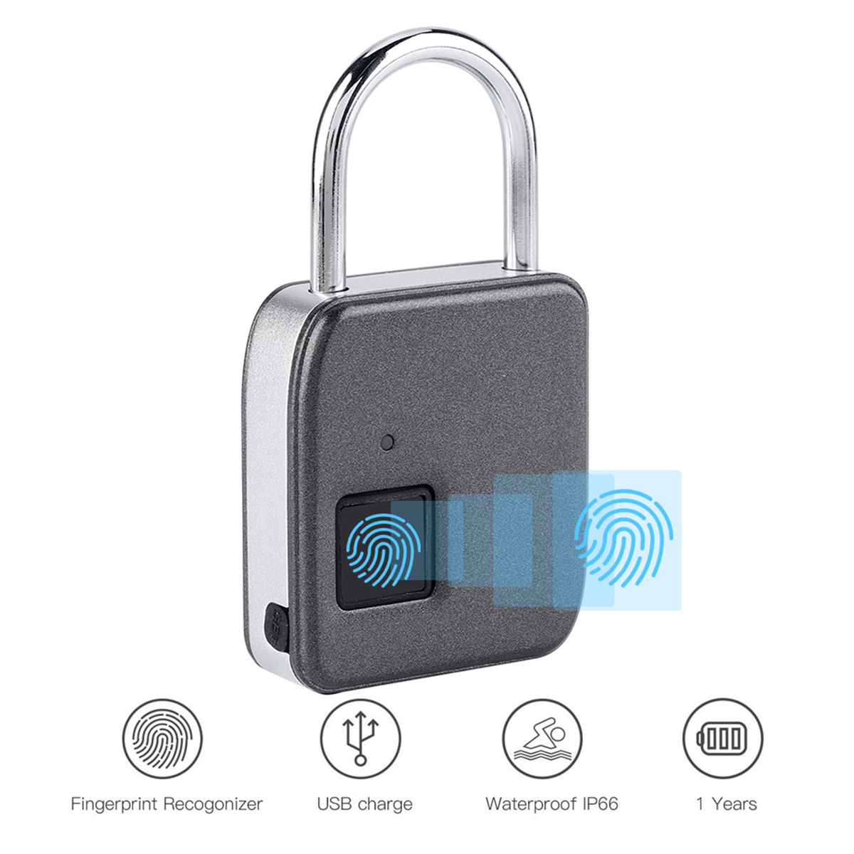 Fingerabdruck-Vorhängeschloss, graues Gehäuse, silberner Bügel. Merkmale: Fingerabdruckleser, USB-Aufladung, IP66 wasserdicht, 1 Jahr Garantie.