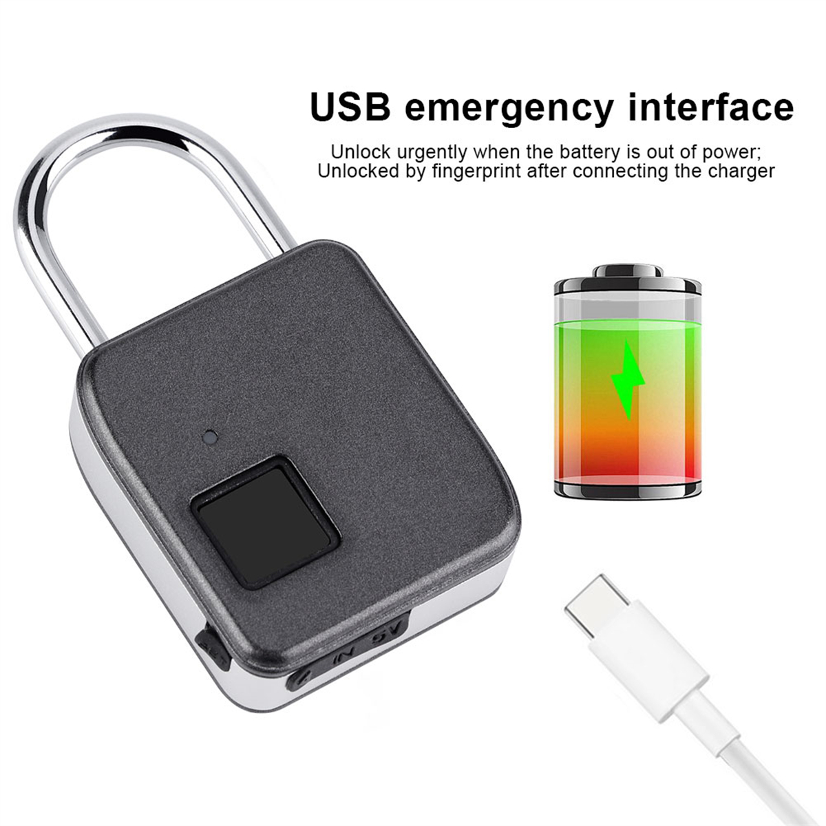 Ein schwarzes und graues Fingerabdruck-Vorhängeschloss und USB-Ladegerät mit einem Ladesymbol. Text: USB-Notfallschnittstelle.