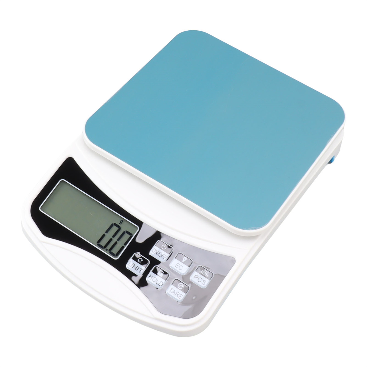 Digitale Küchenwaage mit blauer Wiegefläche.