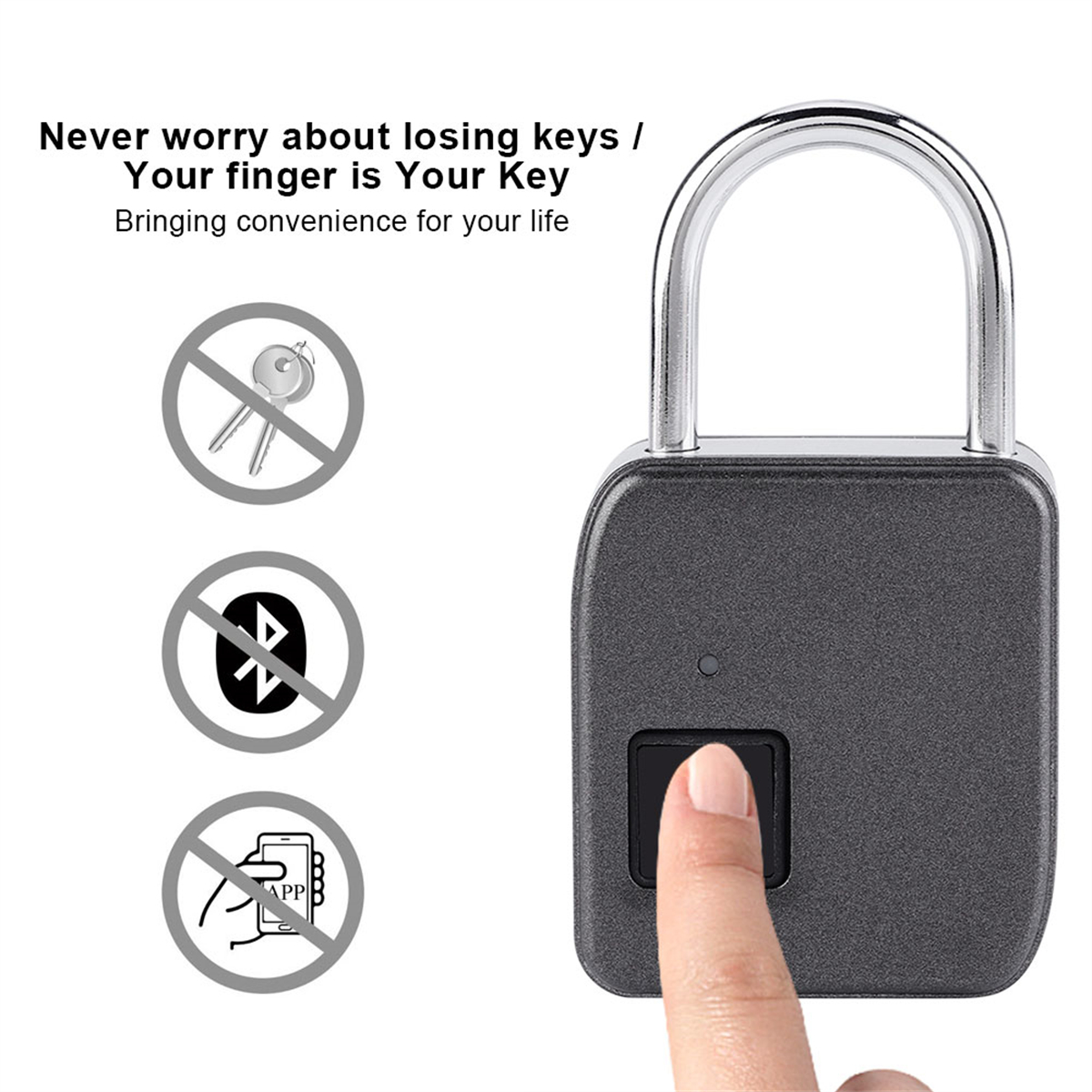 Fingerabdruck-Vorhängeschloss mit Finger am Sensor. Keine Schlüssel, Bluetooth oder App-Symbole.