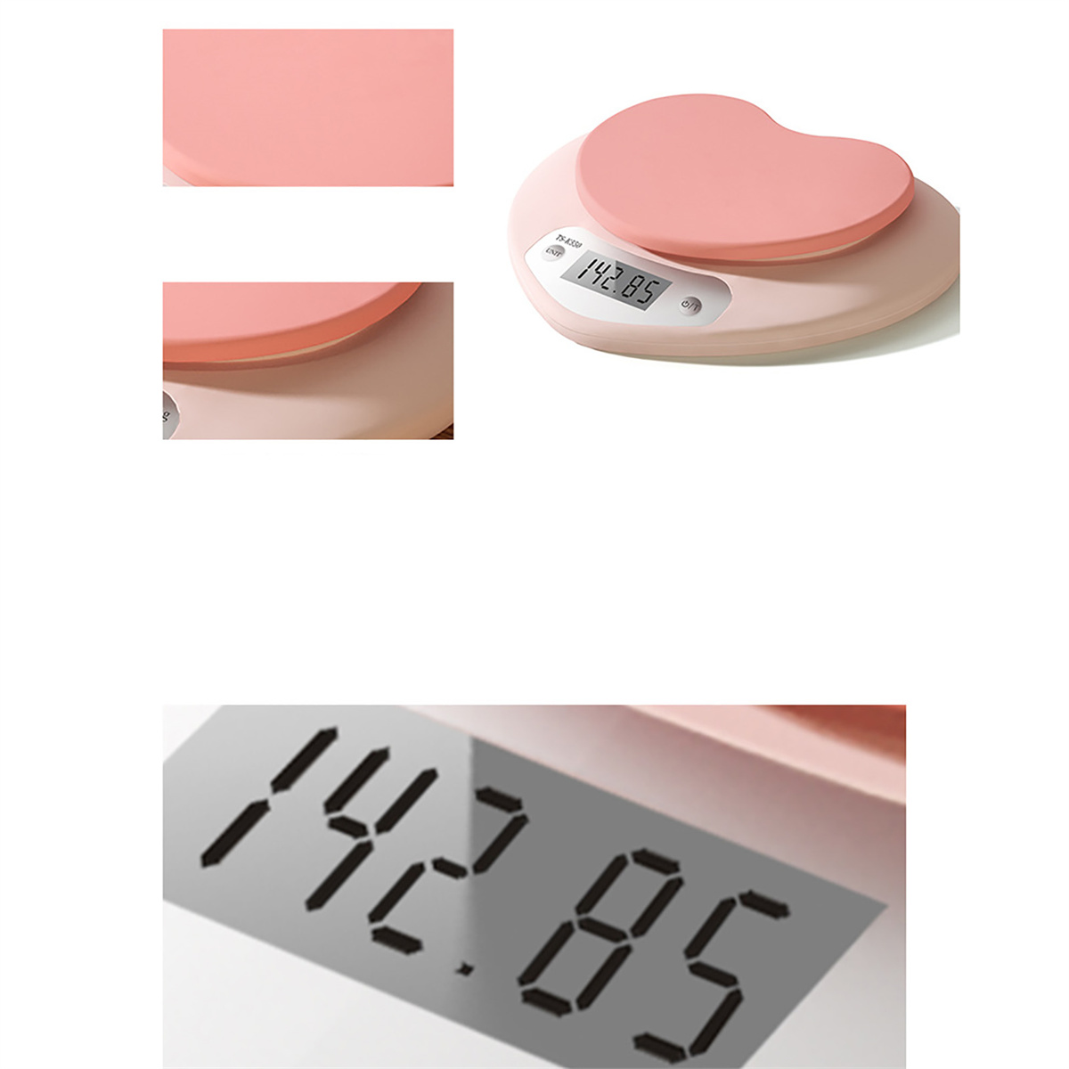 Eine rosa herzförmige Küchenwaage, die das Gewicht anzeigt. Nahaufnahmen zeigen die Details der Waage. Die Anzeige zeigt 142,85.