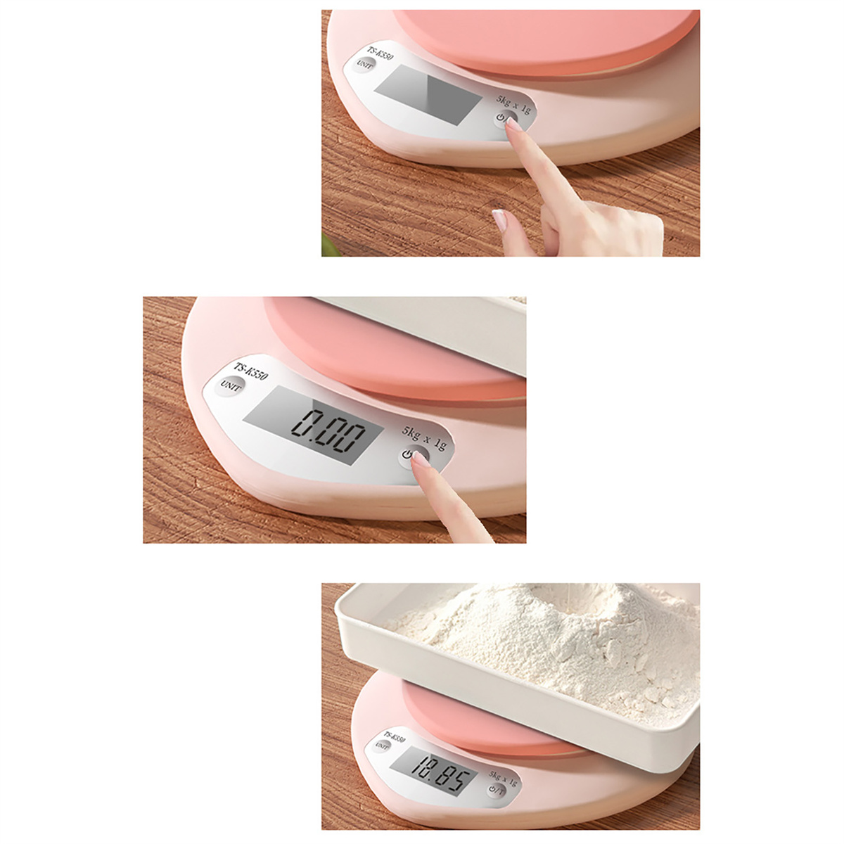 Digitale Küchenwaage mit Mehl, das in eine Schüssel gegeben wird. Zeigt das Gewicht an.
