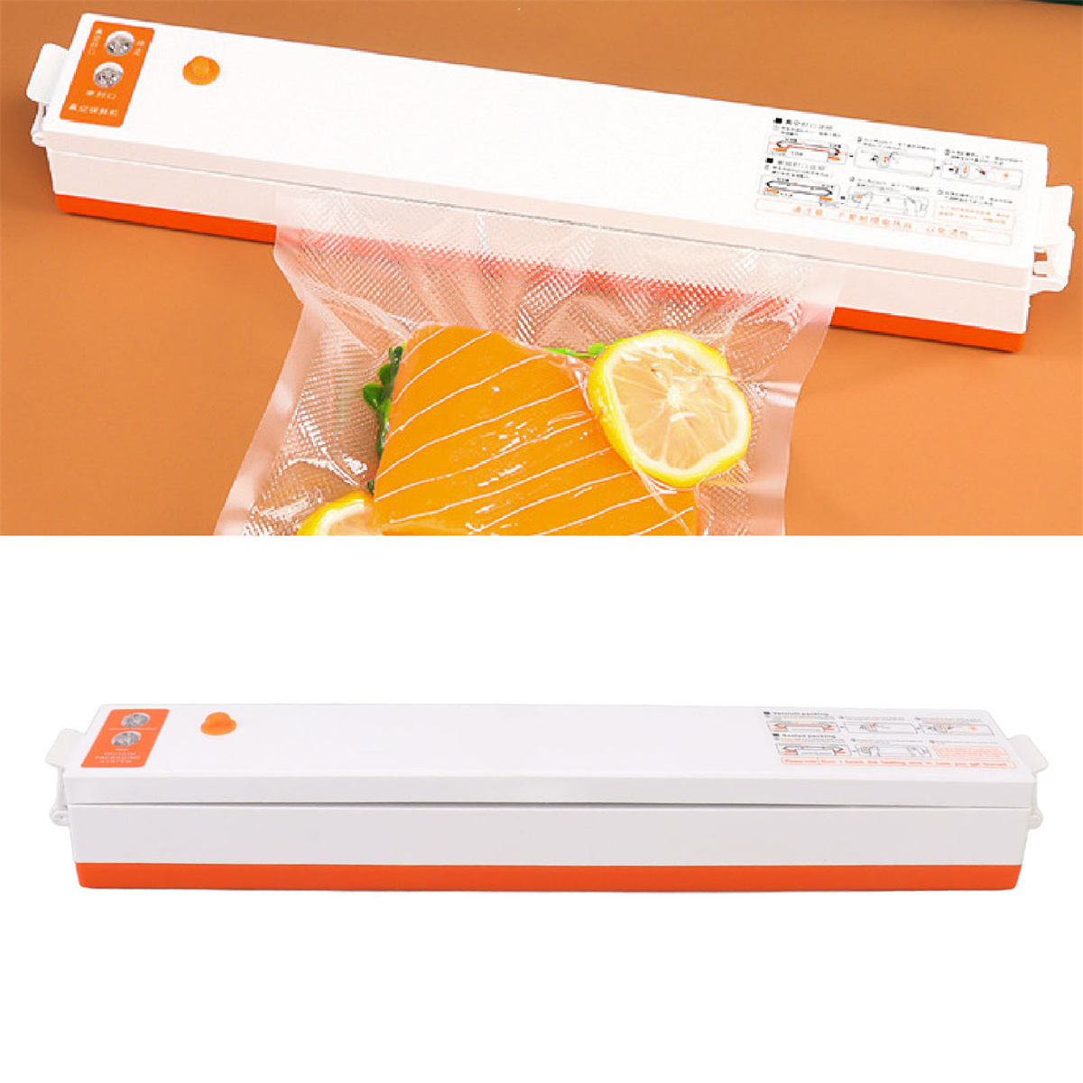 Zwei Bilder eines Vakuumversieglers. Lachs mit Zitronenscheiben ist vakuumversiegelt. Der Versiegler ist weiß und orange.