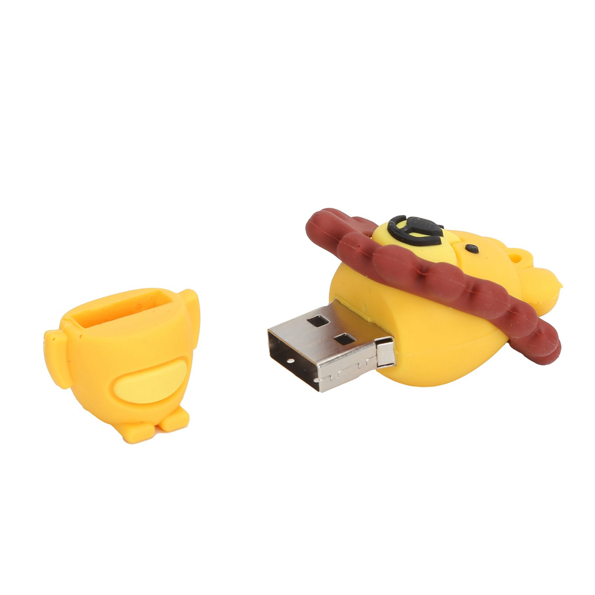 Ein gelber USB-Stick in Löwenform. Der Löwe hat eine braune Mähne und einen gelben Körper. Weißer Hintergrund.