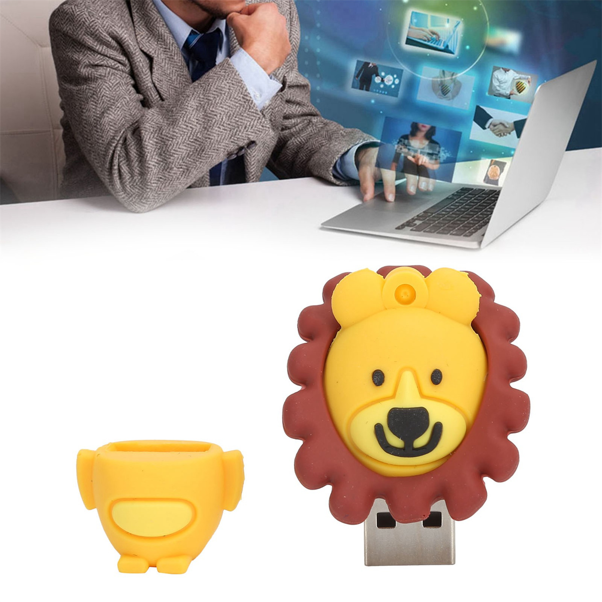 USB-Stick in Form eines Löwen, mit Computer und Hintergrund.