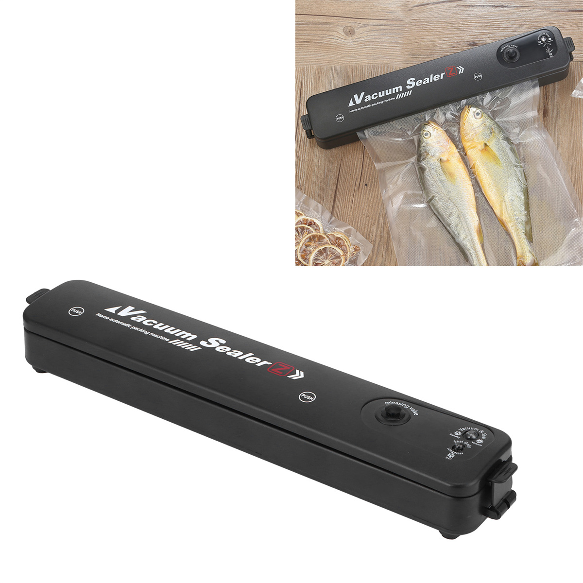 Schwarzes Vakuumiergerät. Eines versiegelt einen Beutel mit Fisch. Ein anderes liegt auf einem Tisch.