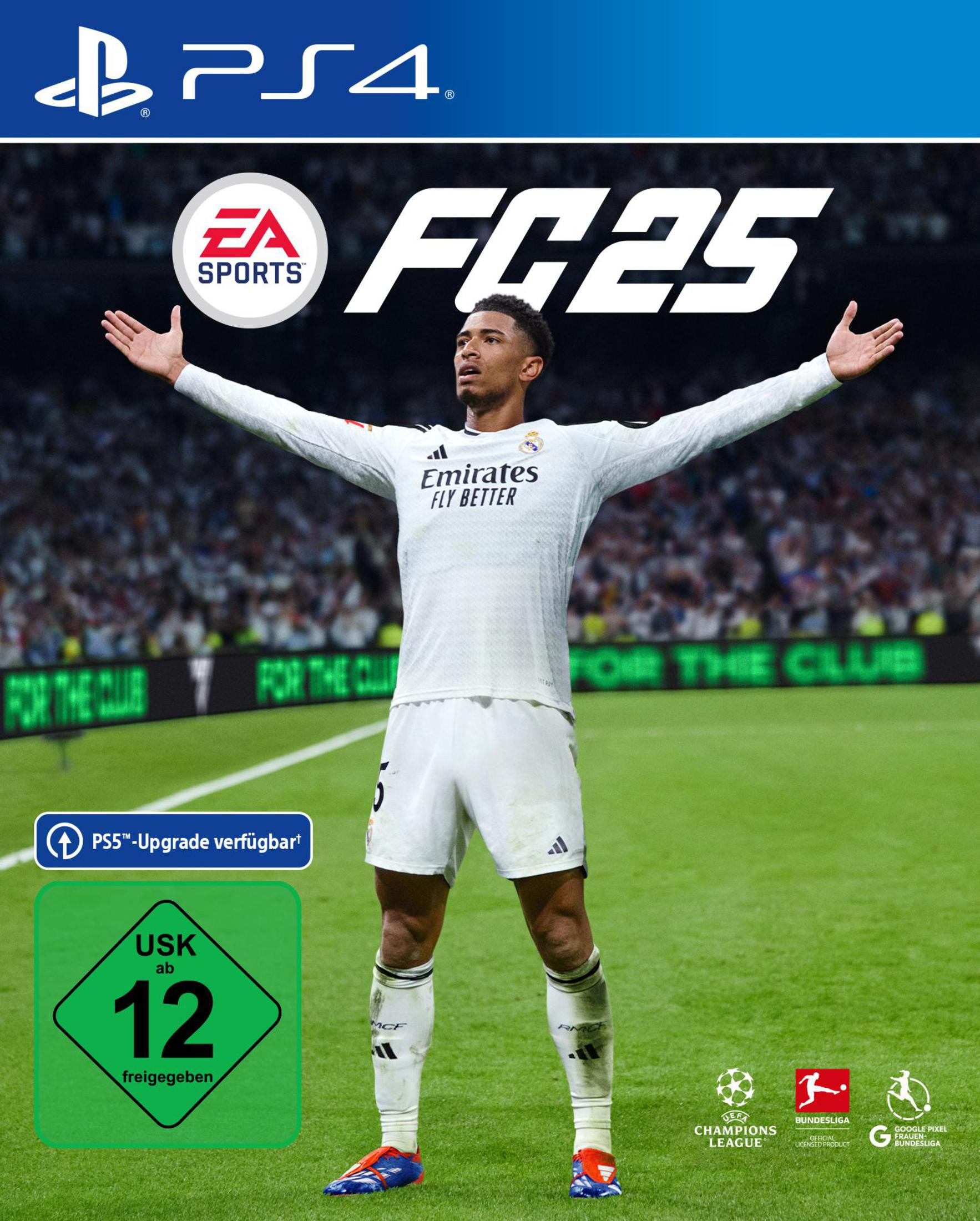 PS4-Spielcover: FC25, ein Fußballspieler in weißem Trikot mit erhobenen Armen.