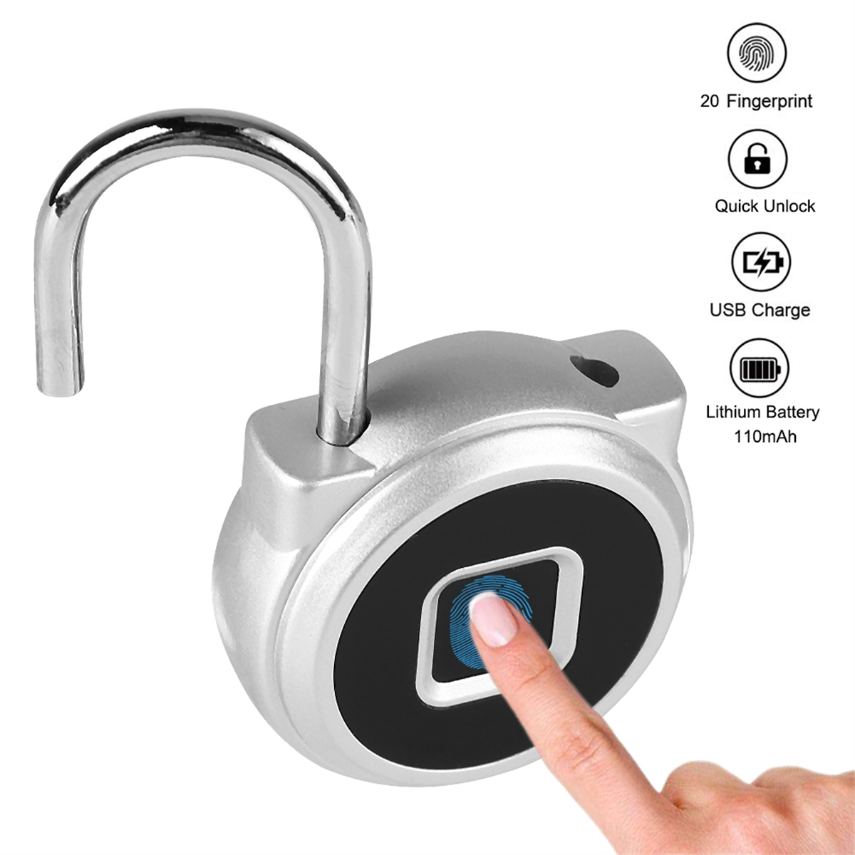Ein silbernes Vorhängeschloss mit einem Finger, der den Fingerabdruckleser berührt. Symbole zeigen Funktionen.