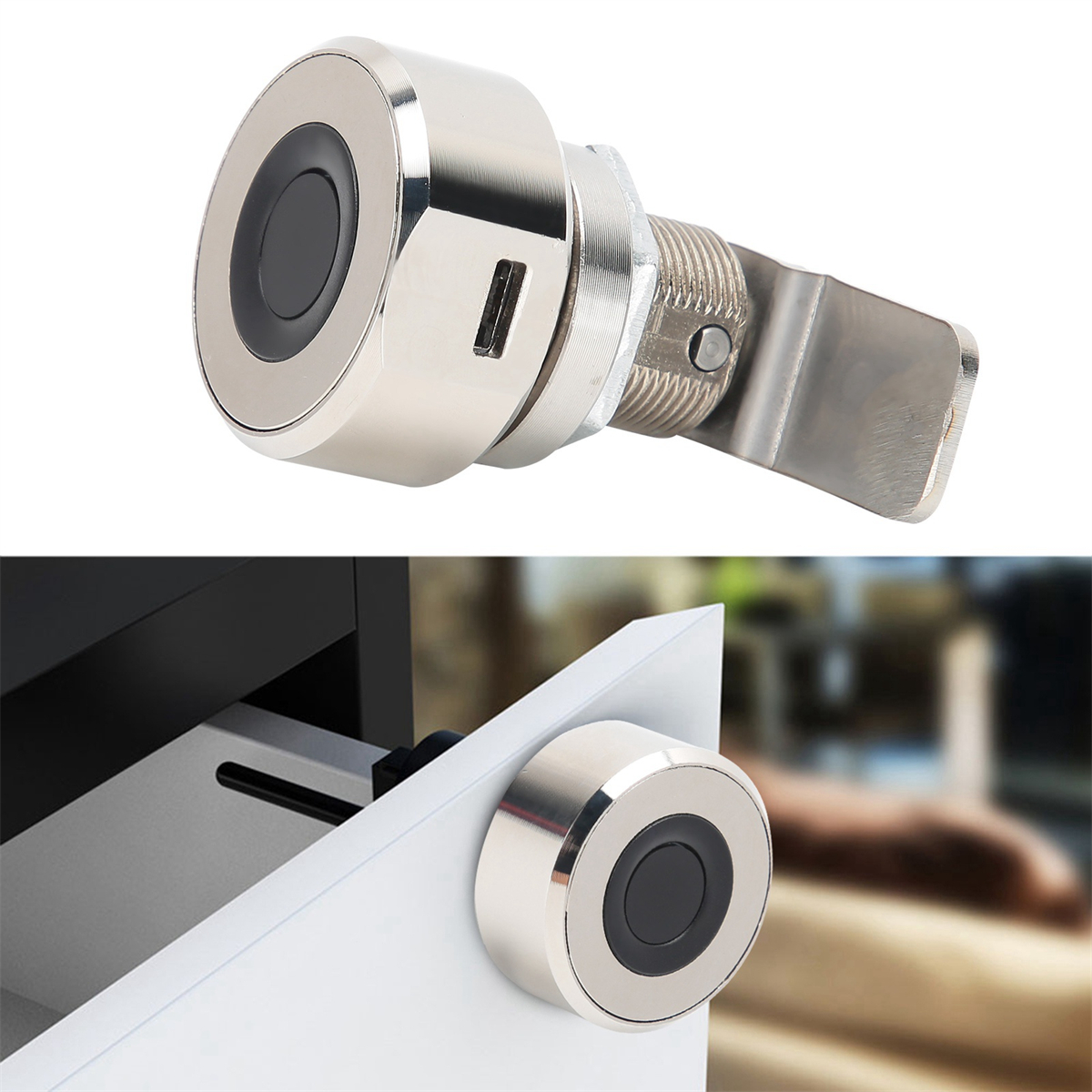 Silbernes und schwarzes Smart Lock mit rundem Vorderteil und Schlüsselloch, auf weißem Hintergrund.