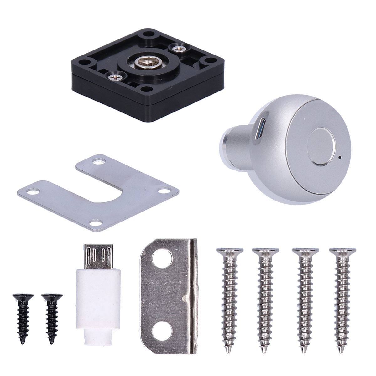 Verschiedene elektronische Komponenten, darunter Schrauben, eine Halterung, ein Ladekabel und ein Gerät.