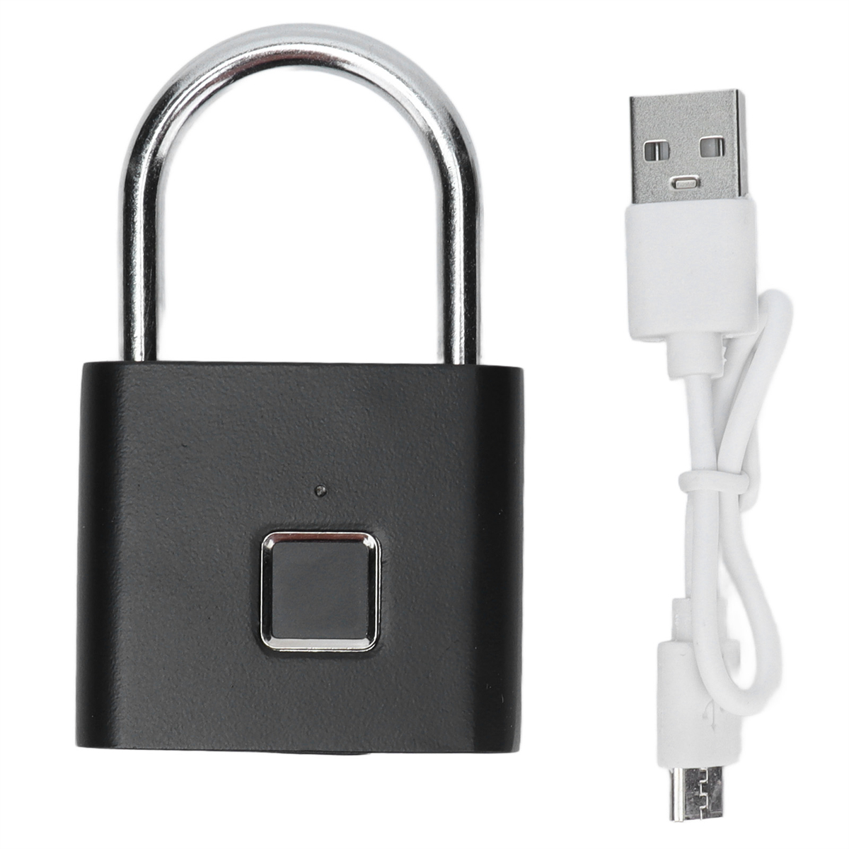Ein schwarzes Vorhängeschloss mit Fingerabdruckscanner und ein weißes USB-Kabel mit Micro-USB-Anschluss.