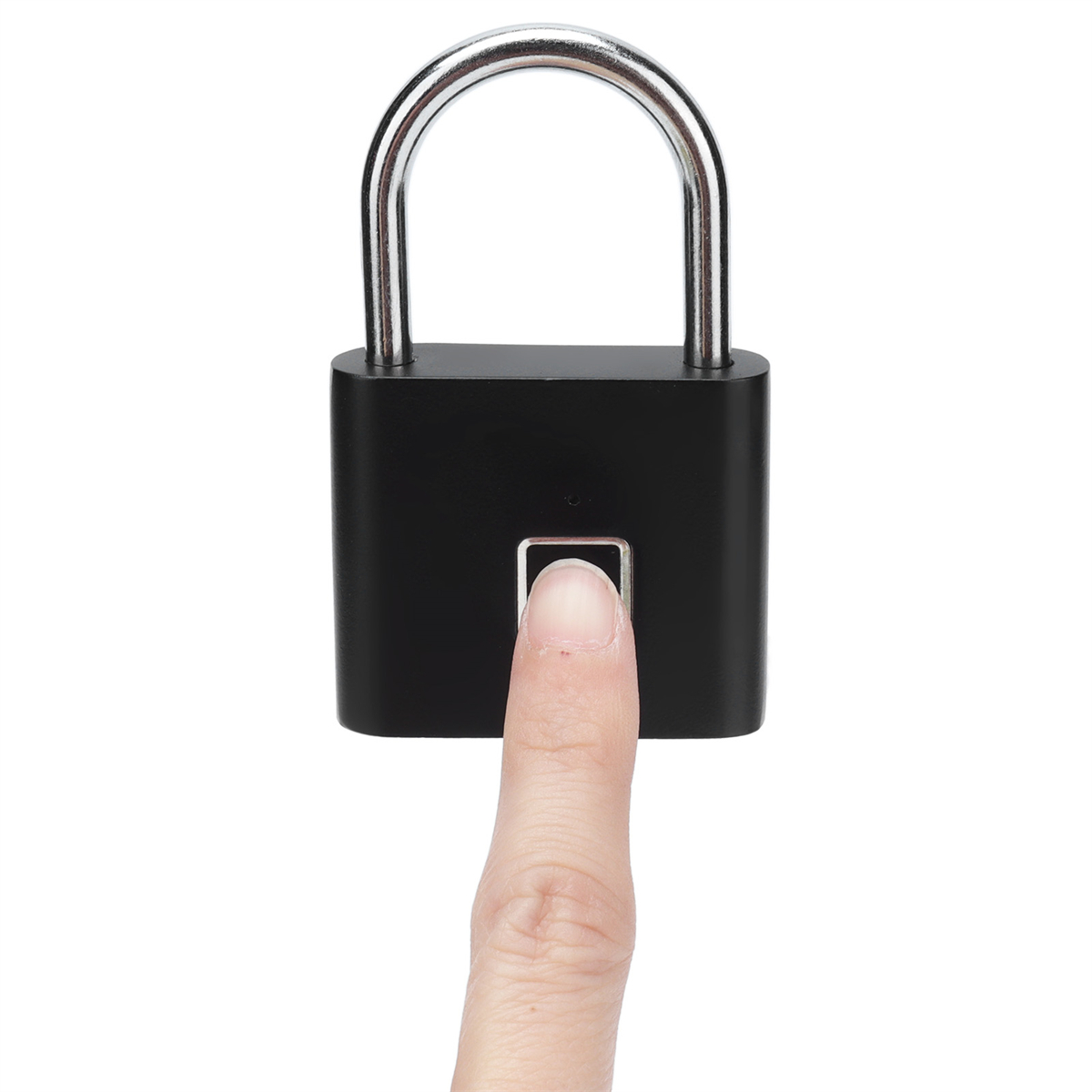 Ein schwarzes Vorhängeschloss mit einem Finger, der den Fingerabdruckscanner berührt, um es zu entsperren.