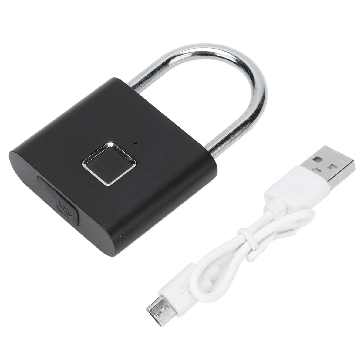 Ein schwarzes Fingerabdruck-Vorhängeschloss mit einem USB-Ladekabel. Weißer Hintergrund.