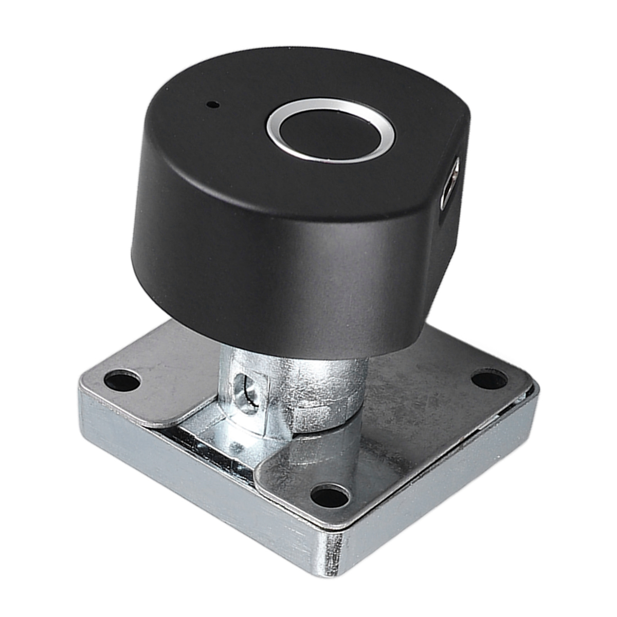 Schwarzes Fingerabdruckschloss auf Metallbasis. Zylindrisch mit kreisförmigem Fingerabdruckscanner.