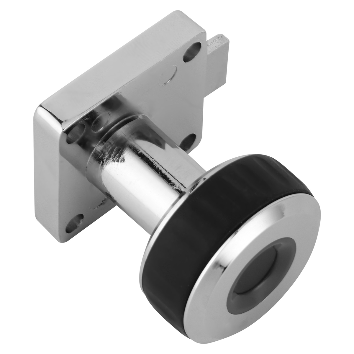 Chromtürgriff mit schwarzem Griff. Rechteckige Basis. Isoliert auf Weiß.
