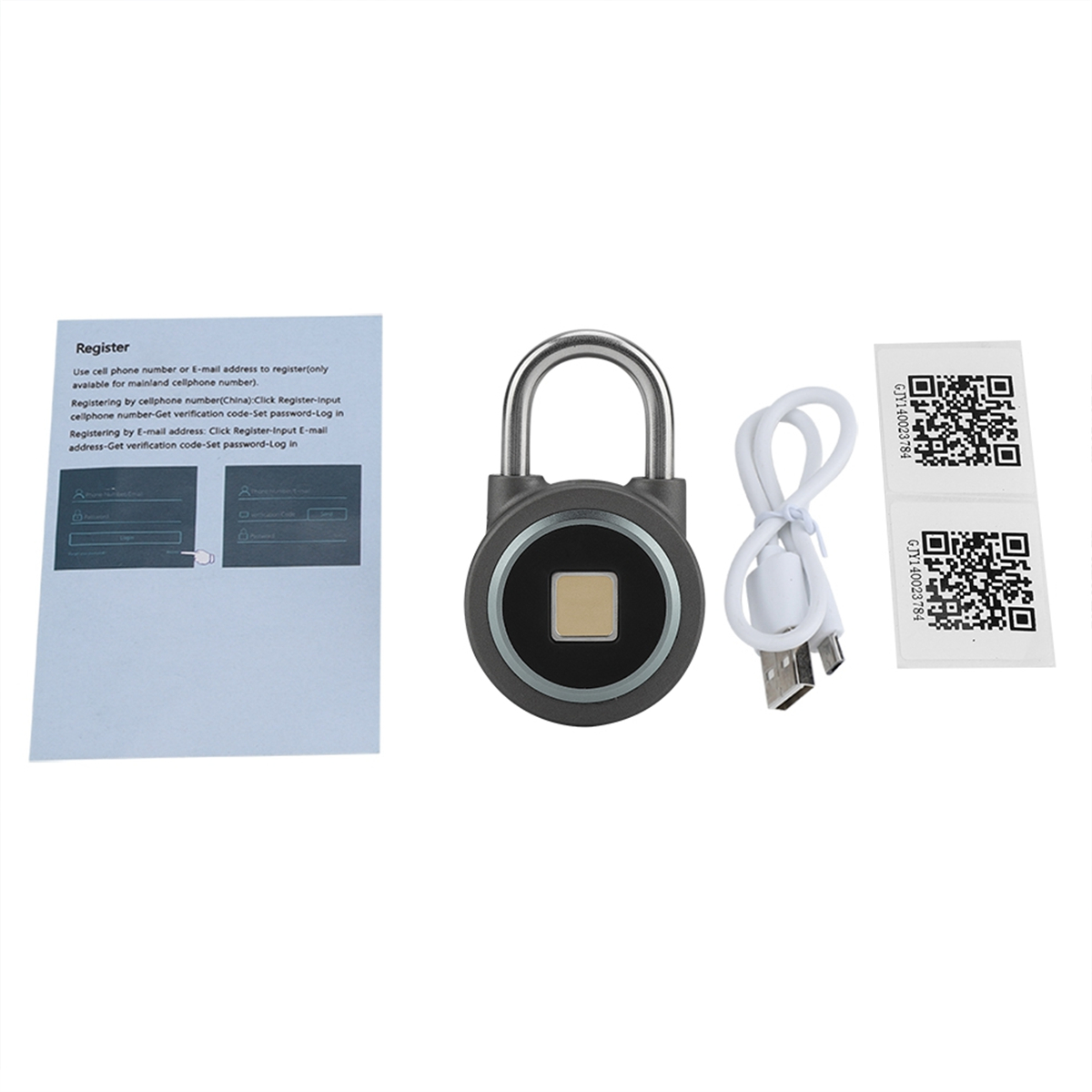 Intelligentes Vorhängeschloss mit Fingerabdrucksensor, Ladekabel und Registrierungsblatt mit QR-Codes.