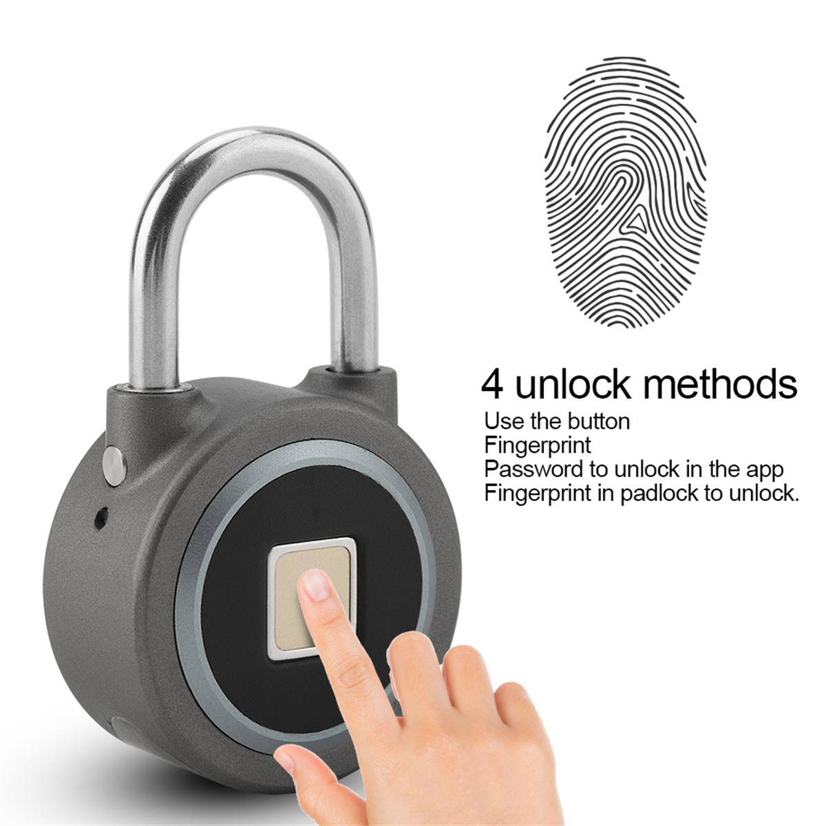 Graues Fingerabdruck-Vorhängeschloss, Finger berührt Sensor.