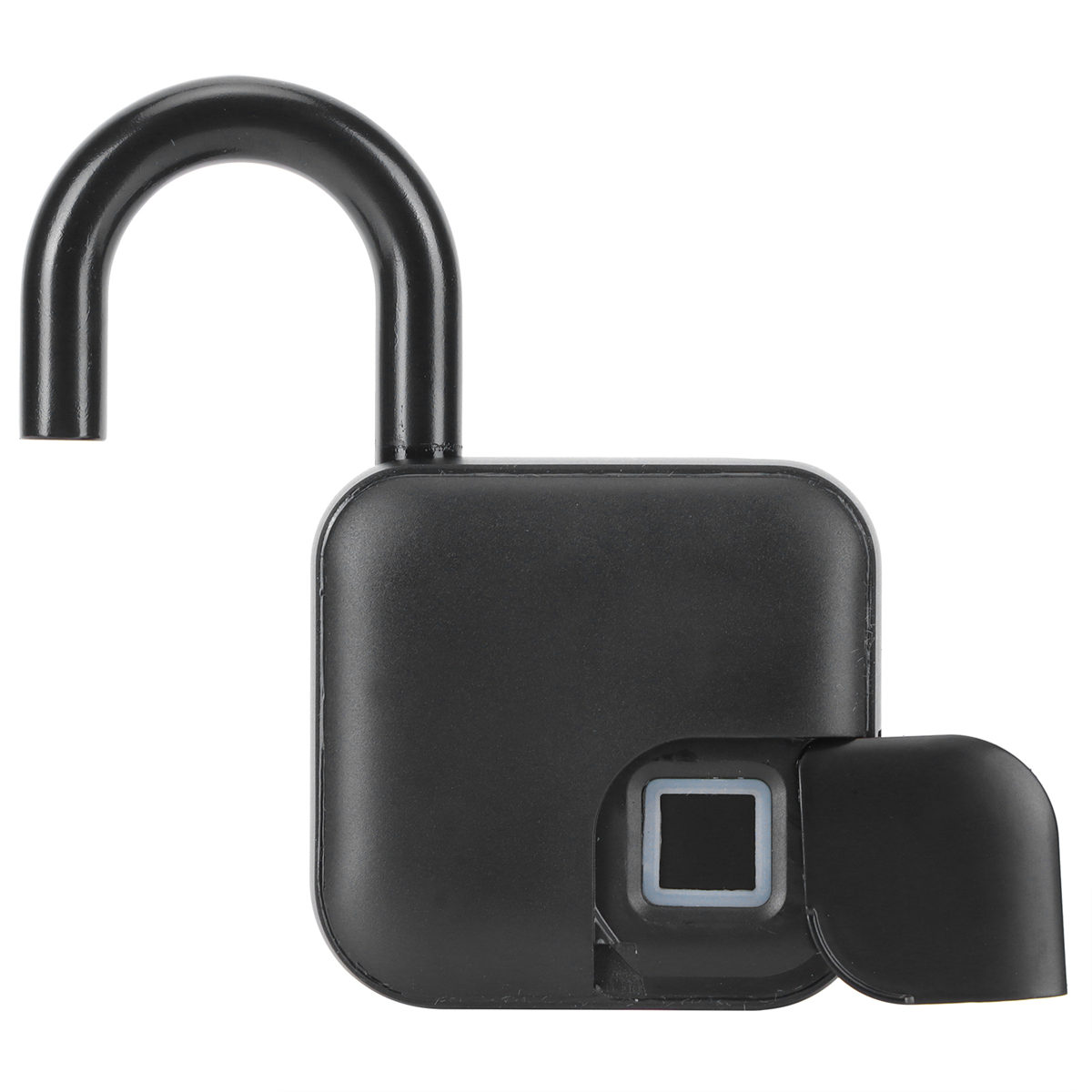 Schwarzes Fingerabdruck-Vorhängeschloss, geöffnet, mit Fingerabdrucksensor, weißer Hintergrund.