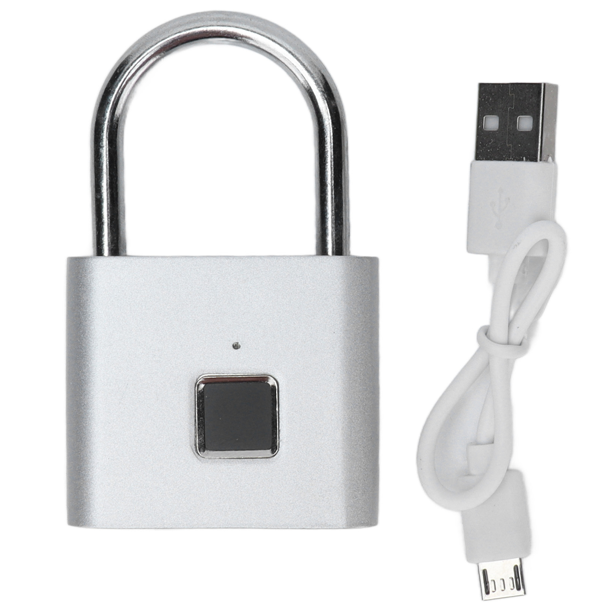 Silbernes Fingerabdruck-Vorhängeschloss mit USB-Kabel. Fingerabdruckscanner in der Mitte.
