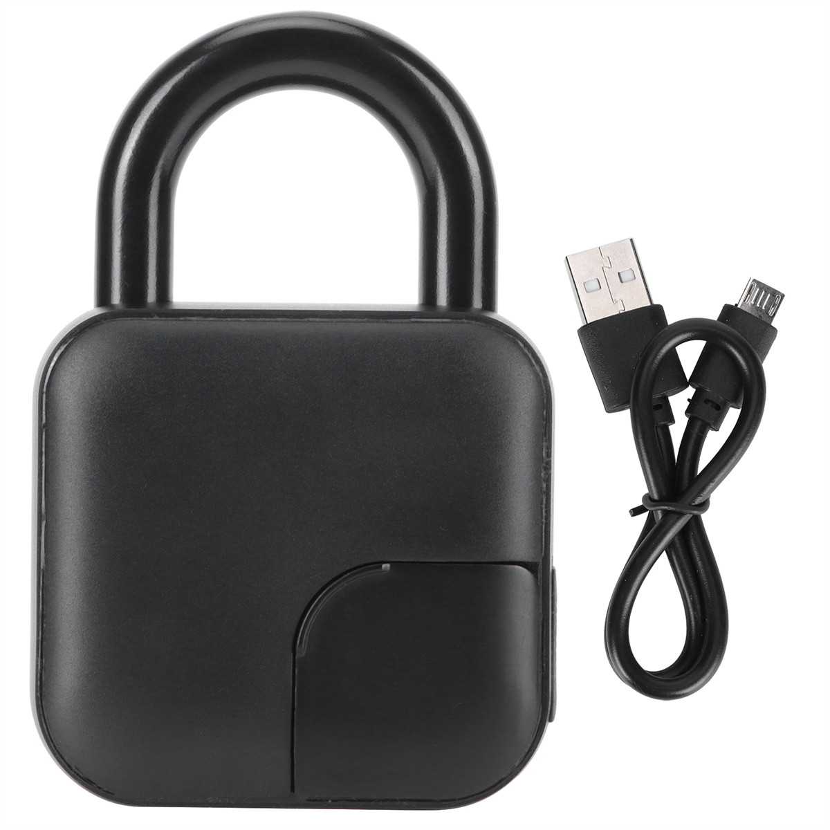 Ein schwarzes Vorhängeschloss mit gebogenem Griff und ein USB-Ladekabel daneben.