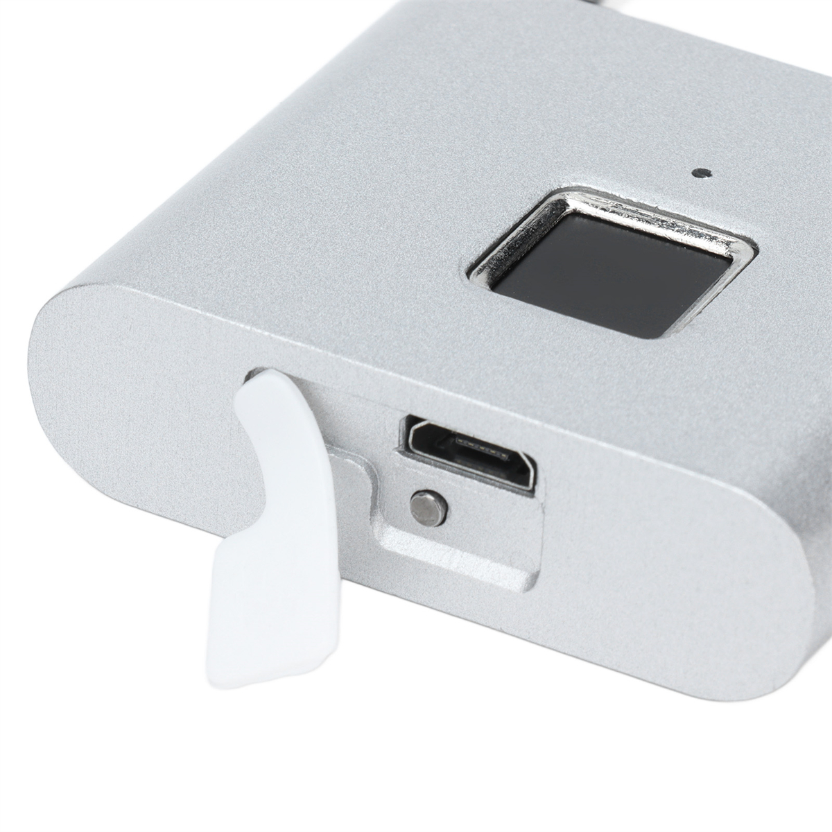 Silbernes Fingerabdruck-Sicherheitsgerät mit schwarzem Fingerabdruckscanner und USB-Anschluss.