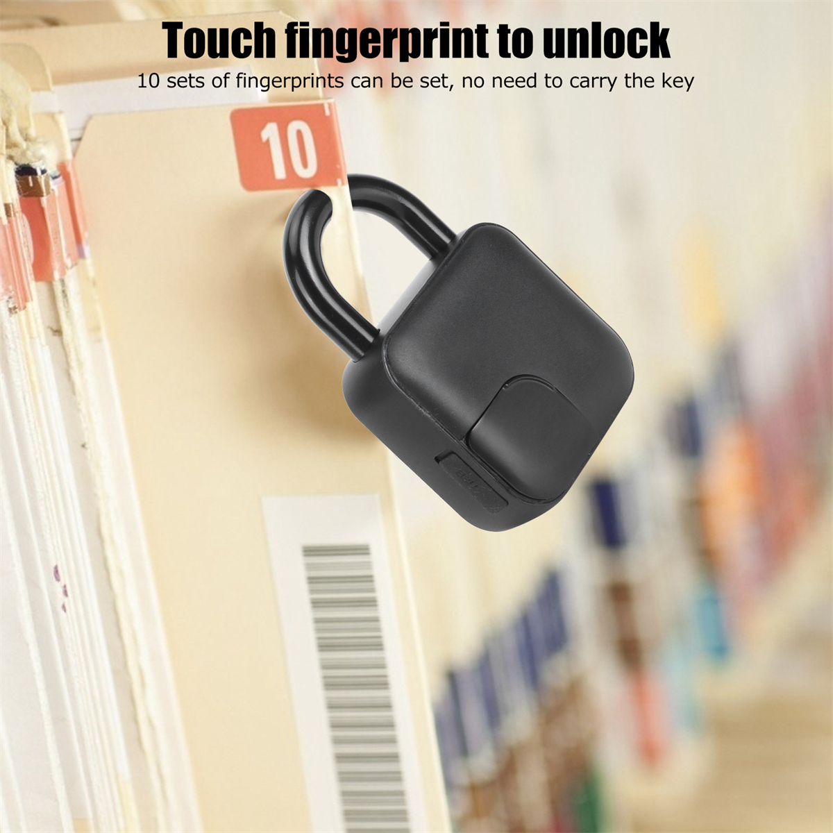 Ein schwarzes Fingerabdruckschloss an Ordnern. Der Text lautet: „Berühren Sie den Fingerabdruck zum Entsperren“.
