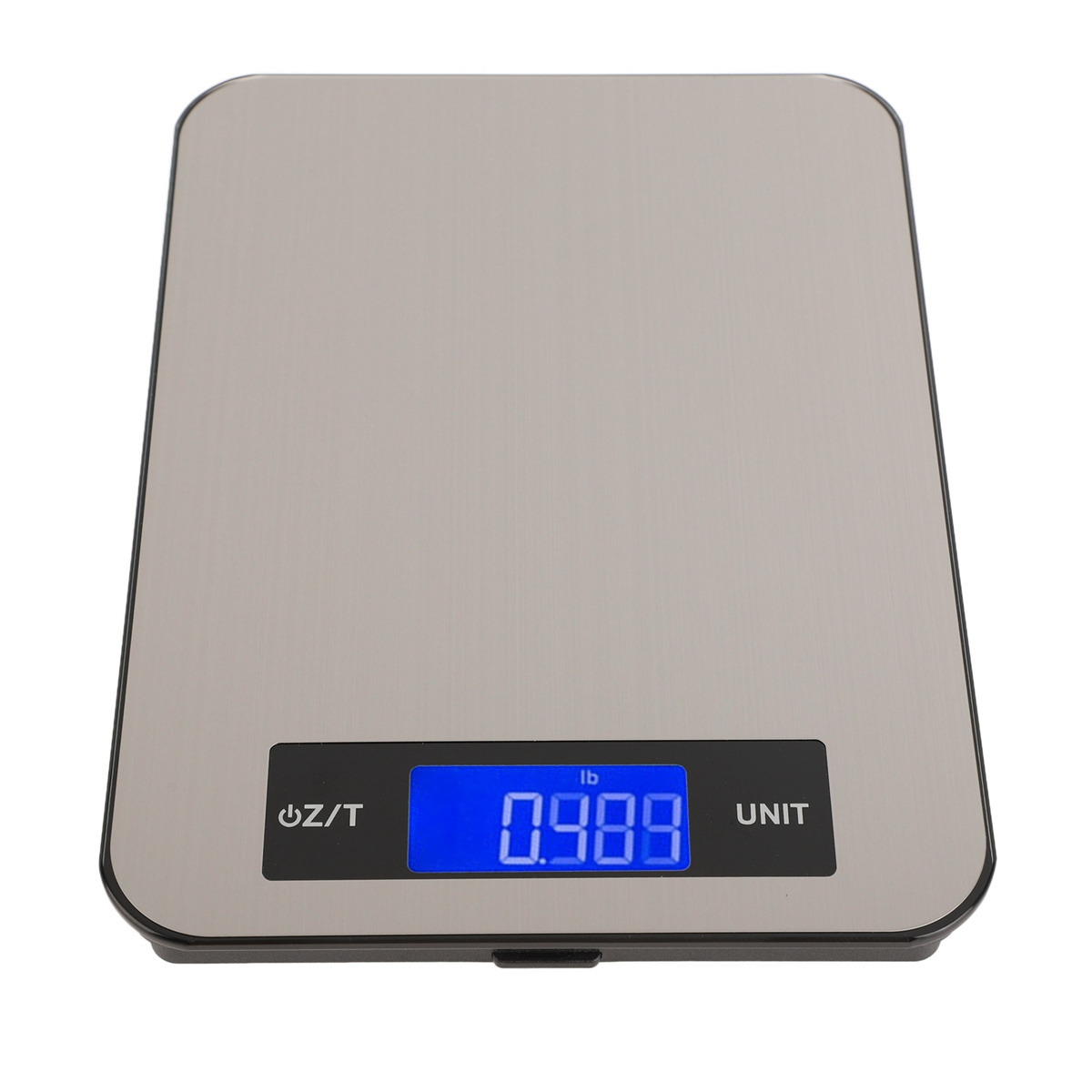 Eine silberne digitale Küchenwaage, die 0,989 lb anzeigt, mit Tasten für Einheit und Tara.
