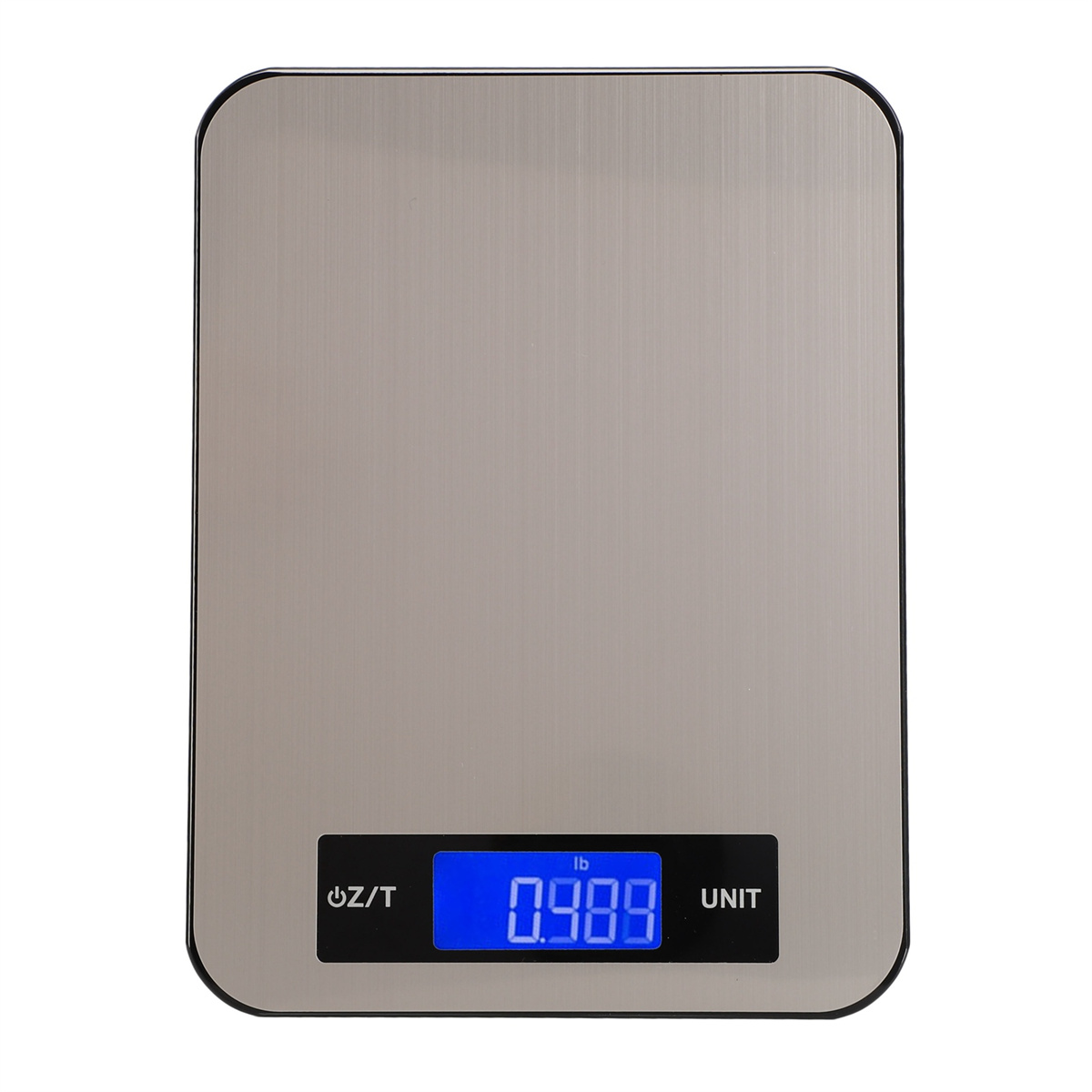 Silberne digitale Küchenwaage mit blauem Display. Sie zeigt 0,989 lb. Die Waage hat einen schwarzen Rand.