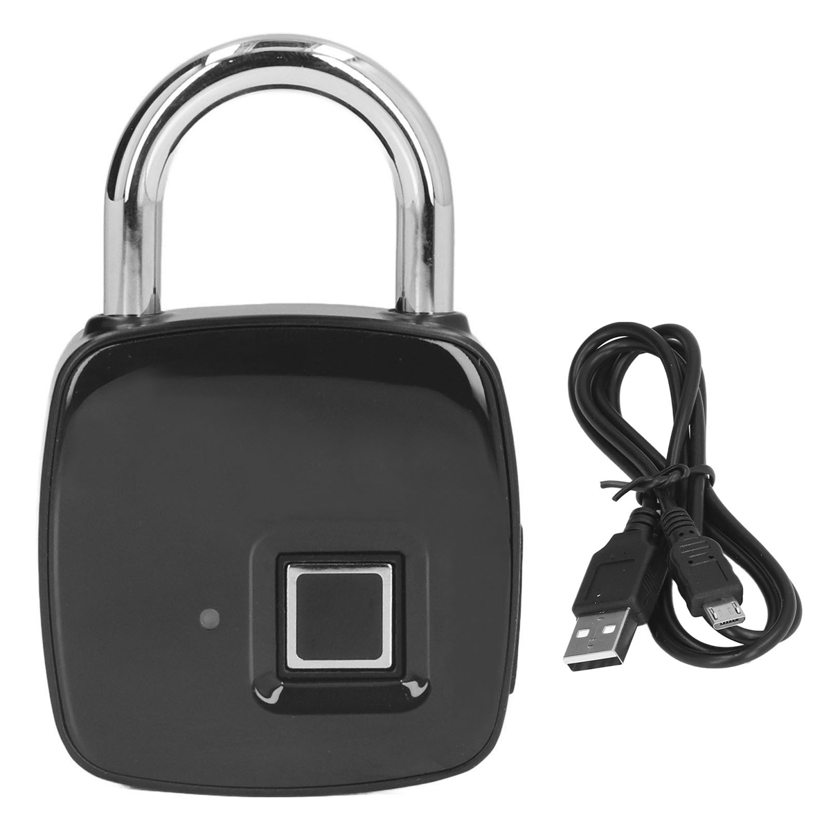 Schwarzes Vorhängeschloss mit Fingerabdruckleser und USB-Kabel, auf weißem Hintergrund.