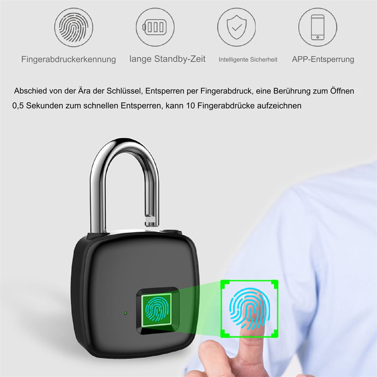 Ein schwarzes Vorhängeschloss mit Fingerabdrucksensor, mit einem Finger, der den Sensor berührt.