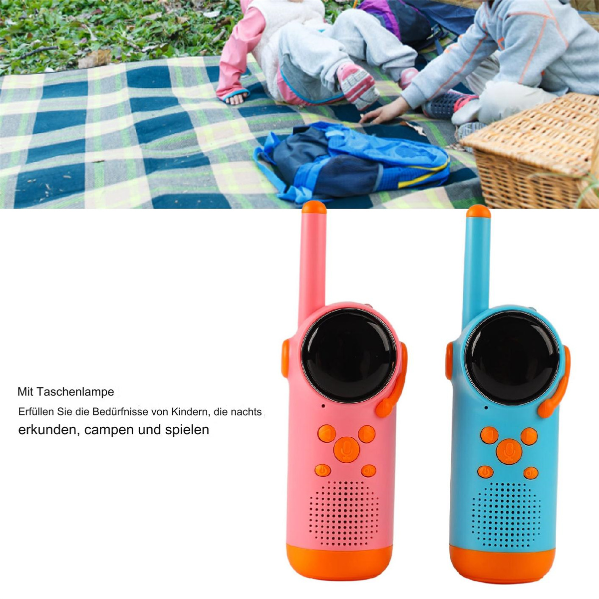 Zwei pinke und blaue Walkie-Talkies. Kinder spielen im Hintergrund.