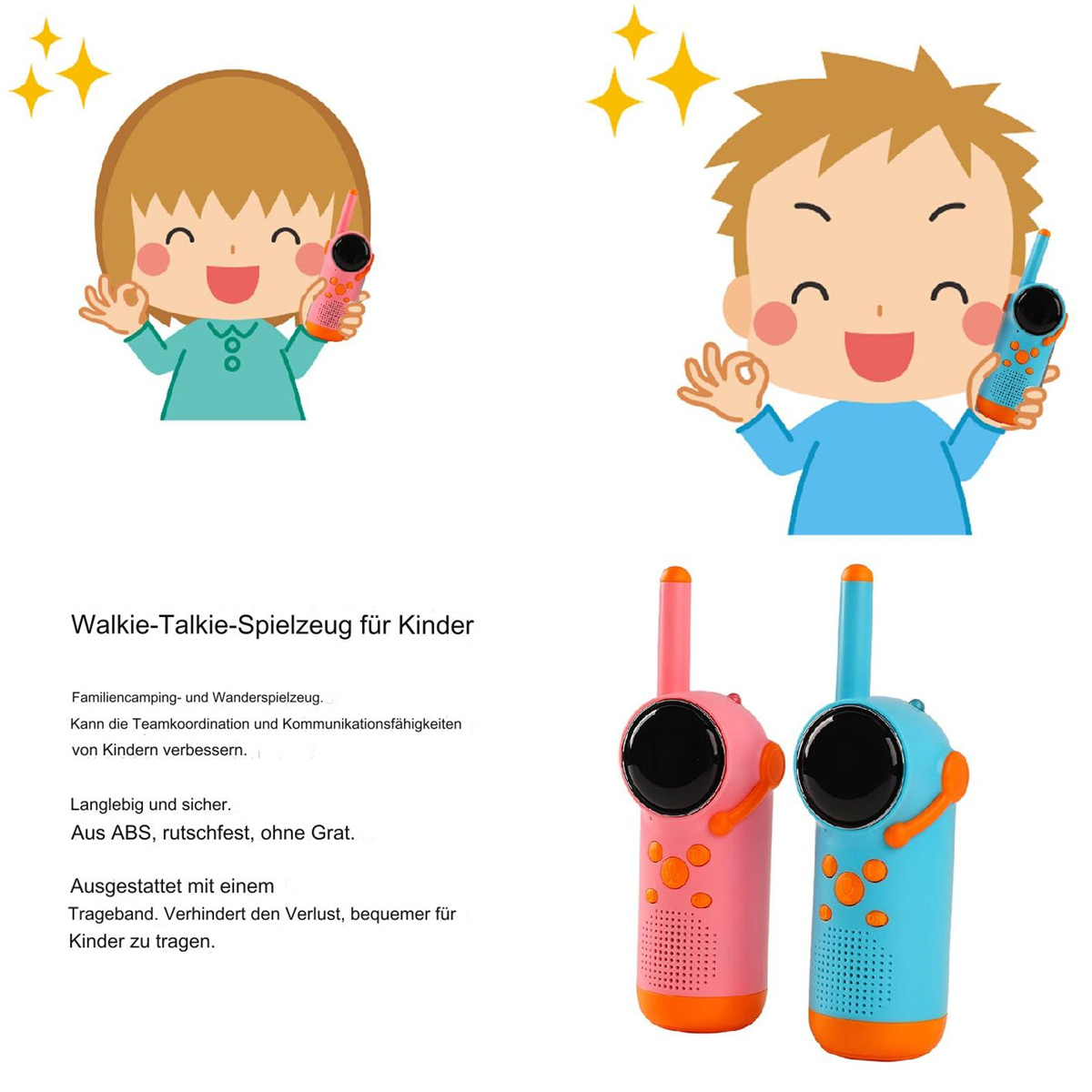 Zwei Kinder mit Walkie-Talkies. Pinke und blaue Walkie-Talkies sind unten. Text über Walkie-Talkies.
