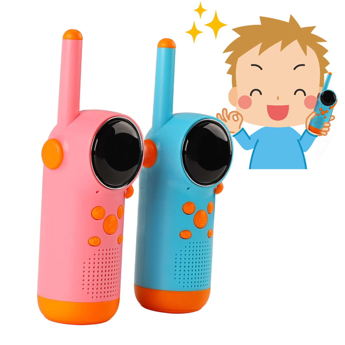 Rosa und blaue Walkie-Talkies mit einem Cartoon-Jungen, der ein passendes Walkie-Talkie hält.