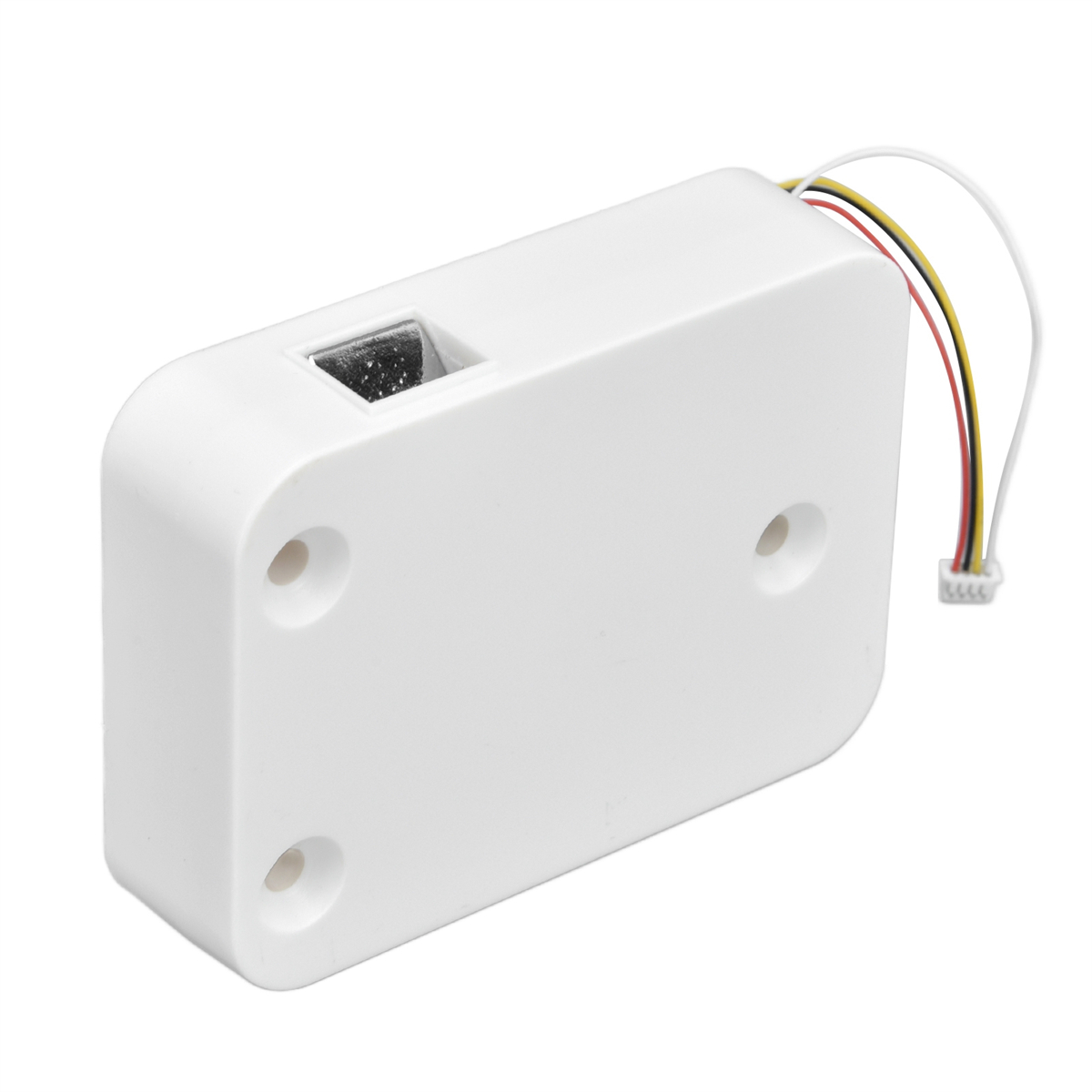 Weißes Fingerabdrucksensor-Modul mit Kabeln. Mit drei Schraubenlöchern.