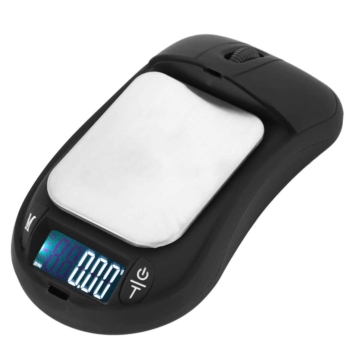 Schwarze Digitalwaage mit einer silbernen Platte. LCD zeigt 0,00. Mausförmiges Design.